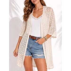 Womens Crochet Knit Open Front Cardigan One Size Coastal Boho Resort Beach